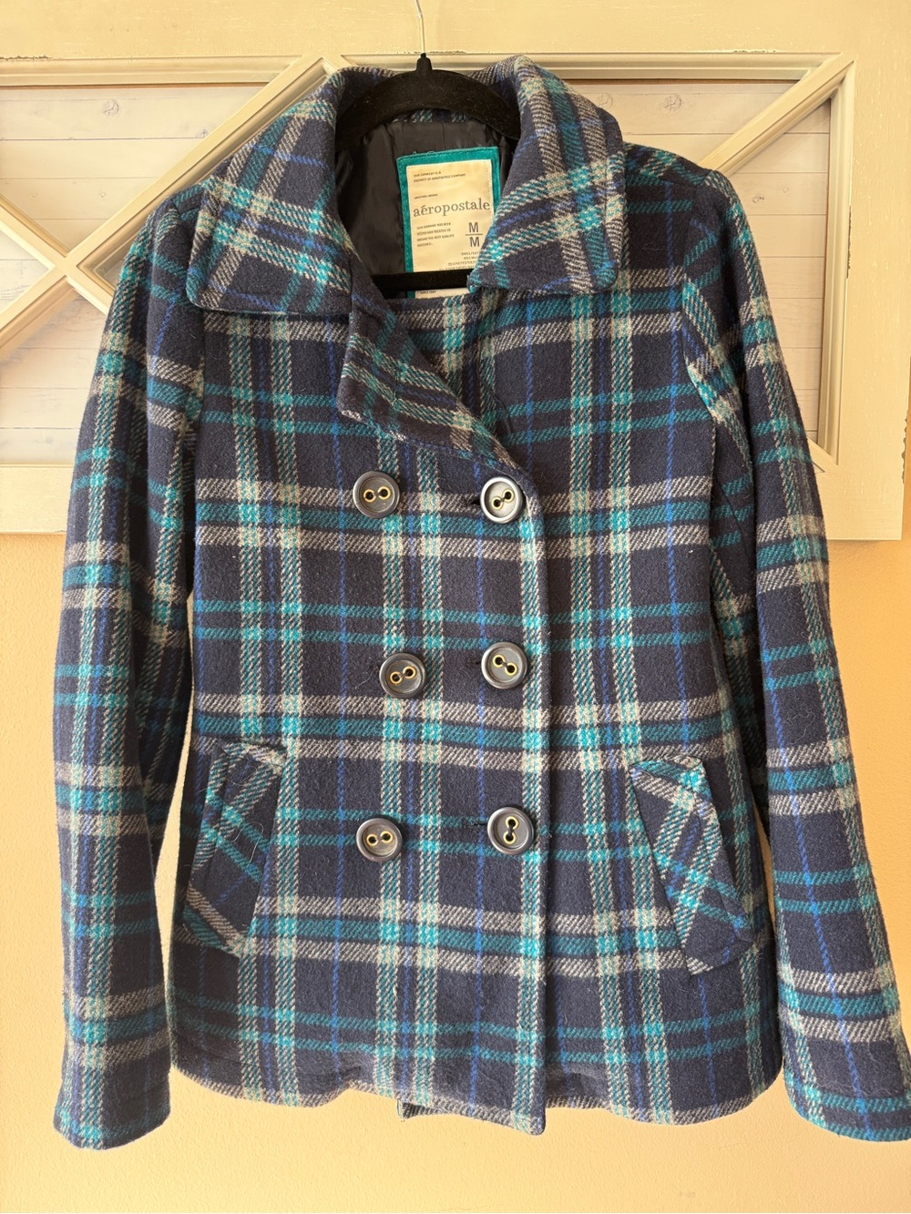 Vintage Y2K Aeropostale Medium Plaid Wool Blend Peacoat Womens M Double Breasted